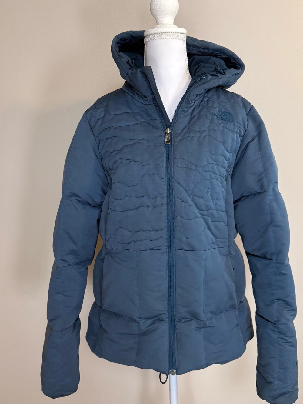 The North Face Hooded Jacket Coat 550 Down Womens L Blue Puffer Front Design